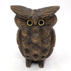 Vintage Hand Carved Wood Owl 7" Figurine Mid Century Modern MCM 70s Glass Eyes